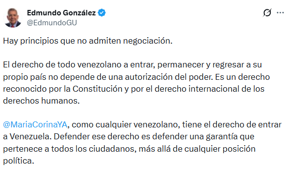 estebanoria's tweet photo. UN PARAO AL CIRCO | En respuesta al presidente de utilería, Edmundo González @EdmundoGU : La Constitución tiene días buenos y días malos.

Hoy la invocas para decir que María Corina  @MariaCorinaYA  tiene derecho a entrar a Venezuela. Y claro que lo tiene. Tan solo tiene que cruzar la frontera poroza entre Venezuela y Colombia.

Lo curioso es que, cuando muchos vimos una ruptura constitucional el 28, 29 y 30 de julio de 2024, la Constitución dejó de ser tu prioridad. En vez de denunciar un golpe de Estado institucional, preferiste reducirlo todo a fraude electoral.

Decías ser presidente electo, pero nunca asumiste el papel que exigía ese momento: defender la Constitución, invocar el artículo 333 y convertirte en presidente en funciones; el punto de resistencia legal frente al poder de facto.

El 28, 29 y 30 de julio hubo muertos, miles de detenidos y una represión brutal. Pero tu estrategia fue llevarlo al terreno electoral, justo donde el régimen podía seguir fingiendo institucionalidad.

Qué conveniente.

Hoy hablas de garantías constitucionales. Muchos seguimos esperando que expliques por qué, cuando el país enfrentaba su momento más crítico, no defendiste esa misma Constitución que ahora usas para escribir tuits.

Edmundo, la Constitución dejó de existir. No sigas invocándola. Deja la hipocresía: tú, junto a Maduro y los Rodríguez, la hicieron fallecer.

En Venezuela no hay república, sino una ficción de democracia. Nuestro país solo se interpreta desde la fuerza, gracias a que nuestra representación —la oposición, incluyendo a María Corina— abdicó del derecho de ejercer su representación legal cuando correspondía hacerlo.
Charlatanes detrás de la PUD y MCM.
#Venezuela #Libertad #Democracia
