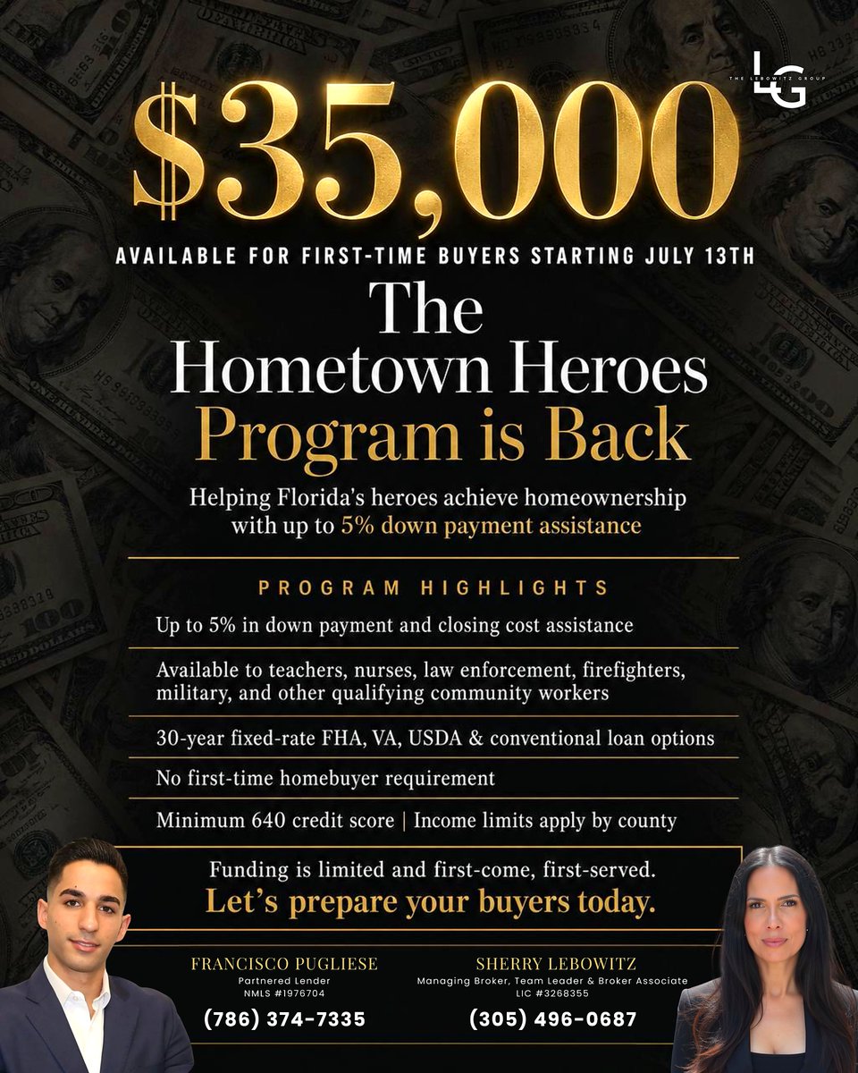 sherry_lebowitz's tweet photo. THE HOMETOWN HEROES PROGRAM IS BACK 🇺🇸

Calling all teachers, nurses, law enforcement, firefighters, military, and community heroes — this one’s for you.

📲 Ready to see what you or your clients qualify for? Reach out to us today!

#HometownHeroes #DownPaymentAssistance #Florida https://t.co/cSIlNkCTqu