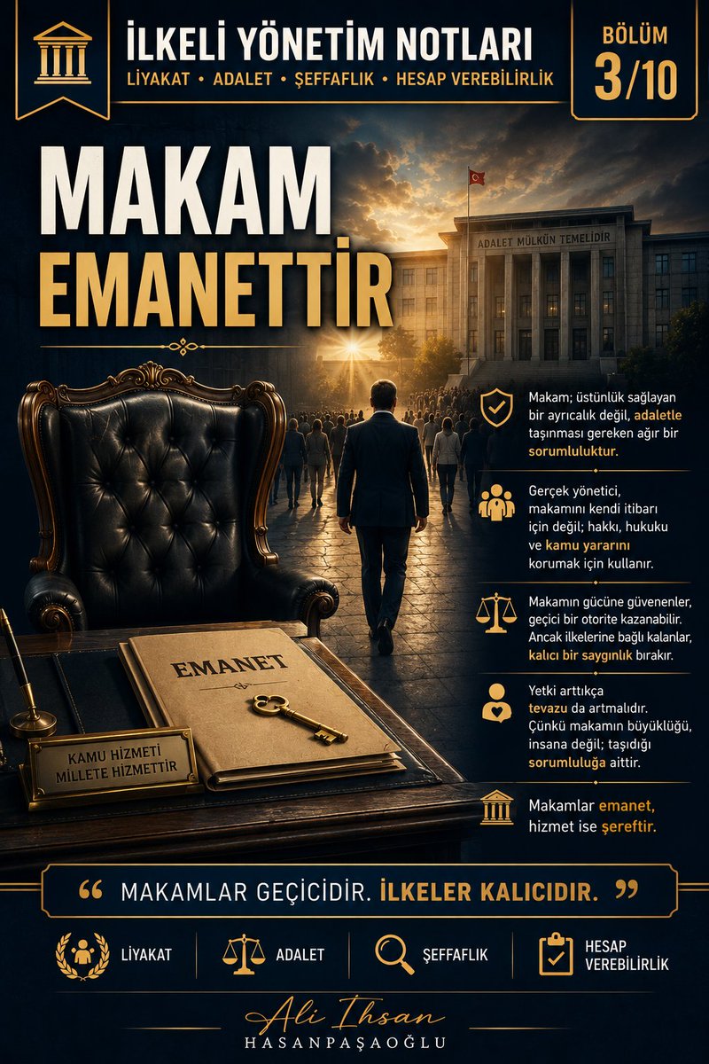 ahasanpasaoglu's tweet photo. MAKAM EMANETTİR
Makam; üstünlük sağlayan bir ayrıcalık değil, adaletle taşınması gereken ağır bir sorumluluktur.
Gerçek yönetici, makamını kendi itibarı için değil; hakkı, hukuku ve kamu yararını korumak için kullanır.
Makamın gücüne güvenenler, geçici bir otorite kazanabilir. Ancak ilkelerine bağlı kalanlar, kalıcı bir saygınlık bırakır.
Yetki arttıkça tevazu da artmalıdır. Çünkü makamın büyüklüğü, insana değil; taşıdığı sorumluluğa aittir.
Makamlar emanet, hizmet ise şereftir.
"Makamlar geçicidir. İlkeler kalıcıdır."
Ali İhsan Hasanpaşaoğlu