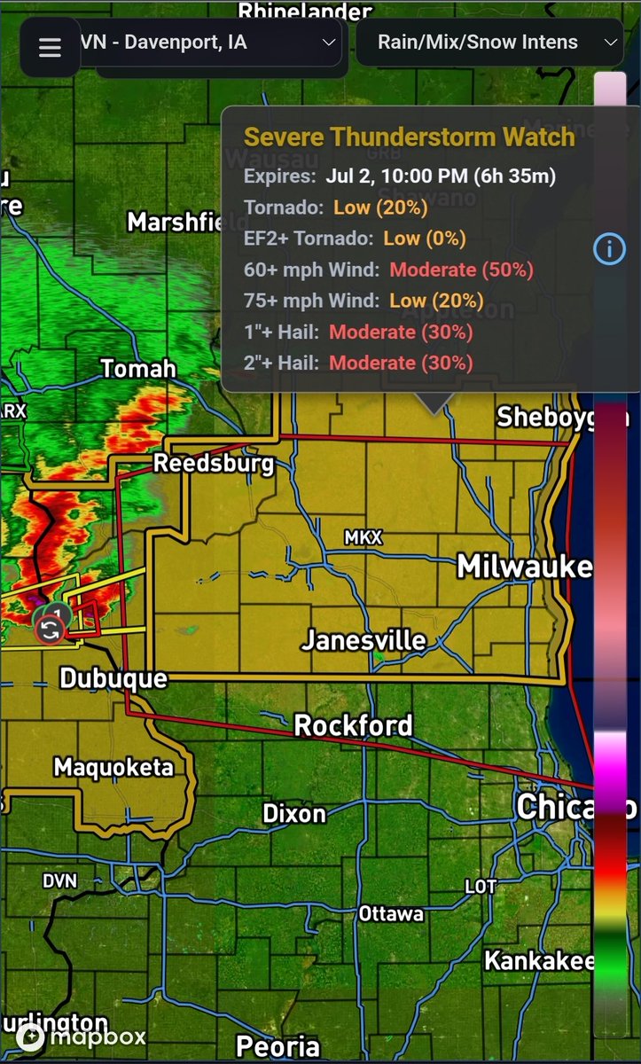 transitweather's tweet photo. July 2 2026 - Severe Thunderstorm Watch till 10p for s wi. https://t.co/54l238Fze7