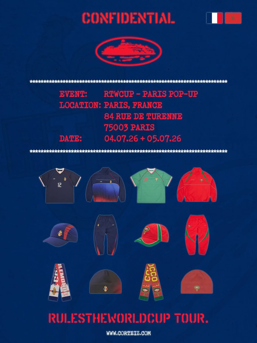 uppersnkrs's tweet photo. Corteiz va faire un pop-up à Paris pour sa collection France et Maroc 🇫🇷🇲🇦

📆 : 4 et 5 juillet (ce samedi et dimanche)

📍 : 84 rue de Turenne 75003 Paris https://t.co/flHqc7HEUq