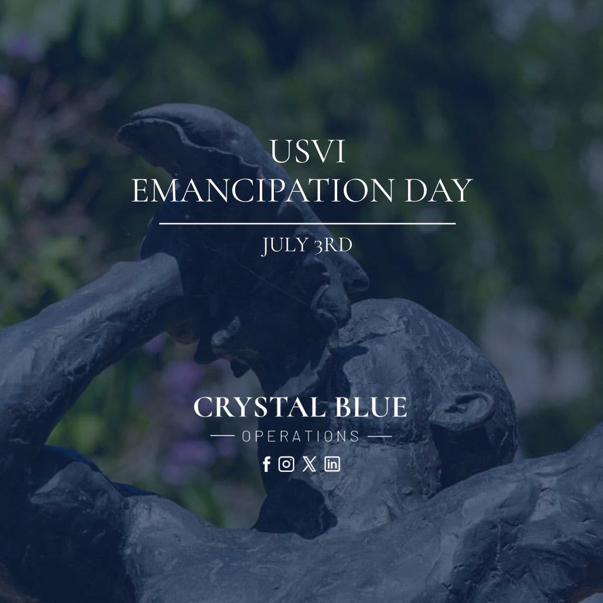 crystalblueusvi's tweet photo. Today, we honor the courage, resilience, and unwavering spirit of those whose pursuit of freedom shaped the place we proudly call home. Happy Emancipation Day from Crystal Blue Operations! 📷

Our office is closed today and will resume normal hours on Monday, July 6th. https://t.co/gML8MQ6svg