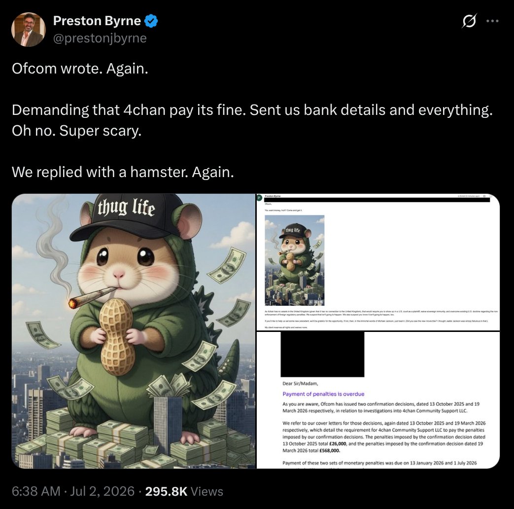 KiwiFarmsDotNet's tweet photo. The UK's OFCOM regulator has issued a final warning and 7-day compliance timeline for a £587,000 fine (US$758,000). The Kiwi Farms and 4chan are co-plaintiffs in a lawsuit against OFCOM in the US.

Our lawyer has responded with a giant hamster.

https://t.co/eZJIhtP0lG https://t.co/INPxDE57MM