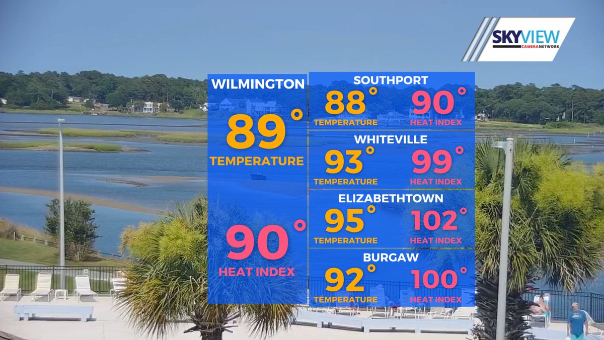 LeeHaywoodWX's tweet photo. Late Thursday afternoon temps and heat indices across southeast North Carolina. 
#WWAY #NCwx #Wilmington https://t.co/xxmWvMuVVQ