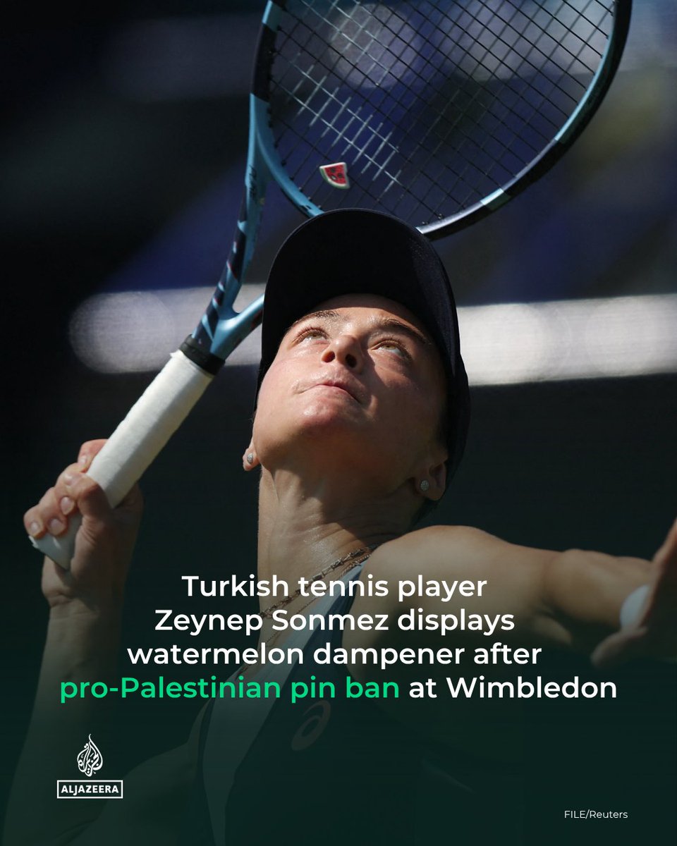 AJE_Sport's tweet photo. Turkish tennis player Zeynep Sonmez has been using a watermelon dampener at Wimbledon after being barred from wearing a pro-Palestine pin.

The watermelon has become a symbol of protest against Israel’s genocidal war on Gaza and solidarity for Palestinians. https://t.co/opQe8wE9XM