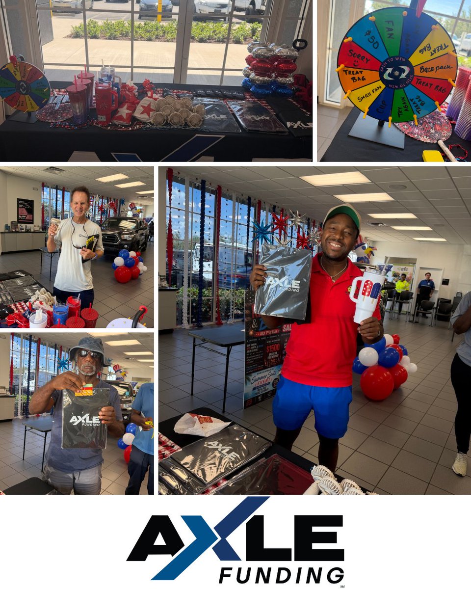 AxleFunding's tweet photo. 🇺🇸 What a fantastic day at Auto Nation Orlando's Red, White, &amp; BOOM 🧨 Sale 🇺🇸

The AXLE Funding team had an incredible time connecting with dealers while celebrating the holiday weekend. From fun giveaways and our prize wheel to patriotic swag and great conversations. https://t.co/DZsgVM1IIp