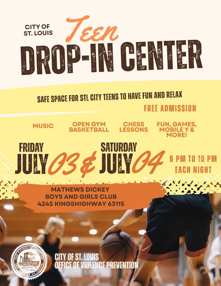 stl_ovp's tweet photo. STL teens — we’ve got your weekend plans covered 🎉

Join us at the Teen Drop-In Center for:
🏀 Open gym basketball
🎵 Music
♟️ Chess lessons
🎮 Games &amp; more
📅 July 3 &amp; 4
⏰ 6–10 PM
📍 Mathews Dickey Boys &amp; Girls Club
4245 Kingshighway Blvd
FREE admission! https://t.co/bu5Ocv9Alw