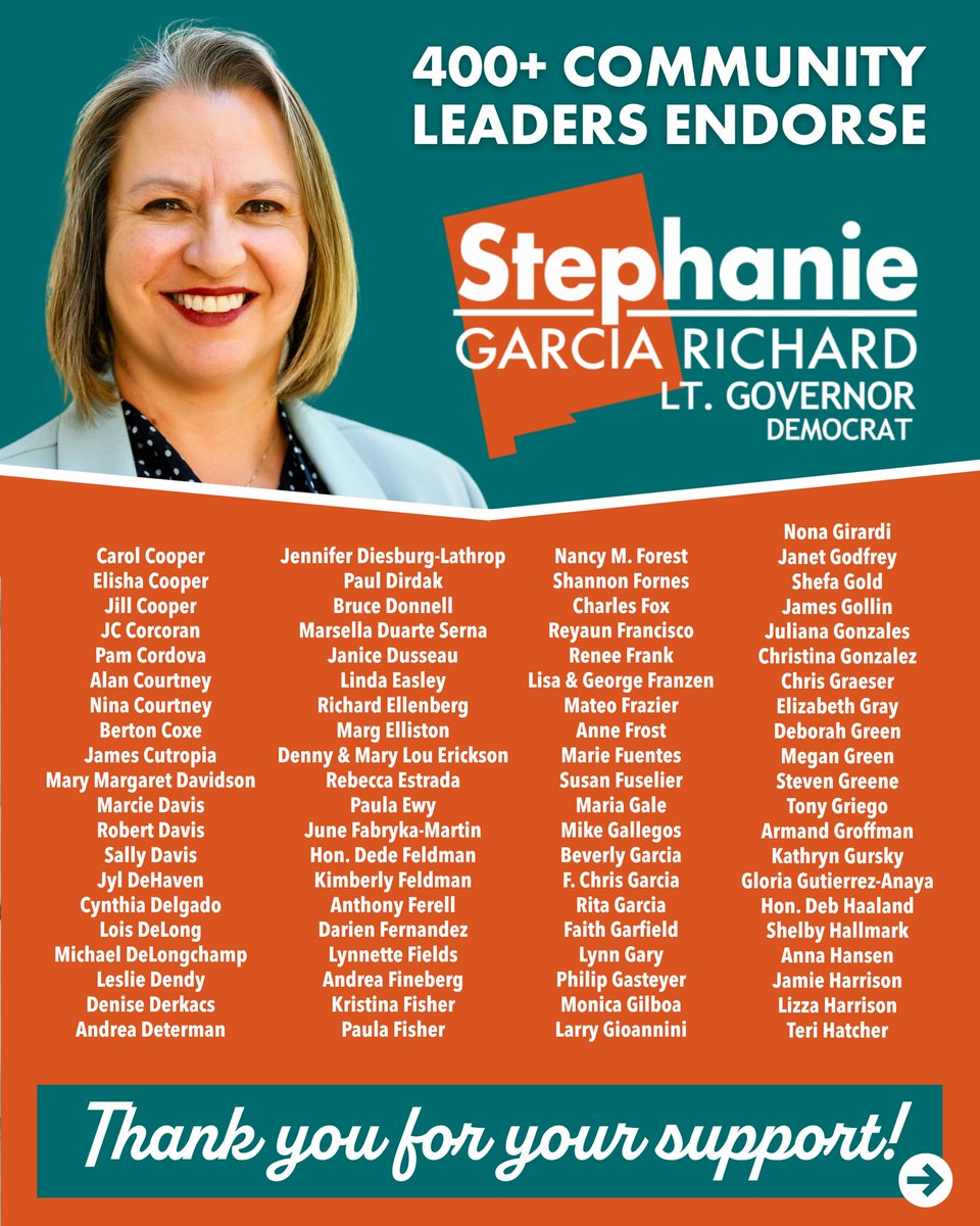 SGR4NM's tweet photo. One week ago, Stephanie Garcia Richard threw her name in the ring for Lieutenant Governor — and New Mexico answered! 💪

In just about 7 days, more than 400 New Mexicans have added their names to stand behind Stephanie — plus the endorsement of our next Governor, Deb Haaland. 🙏 https://t.co/5lnITay7bN