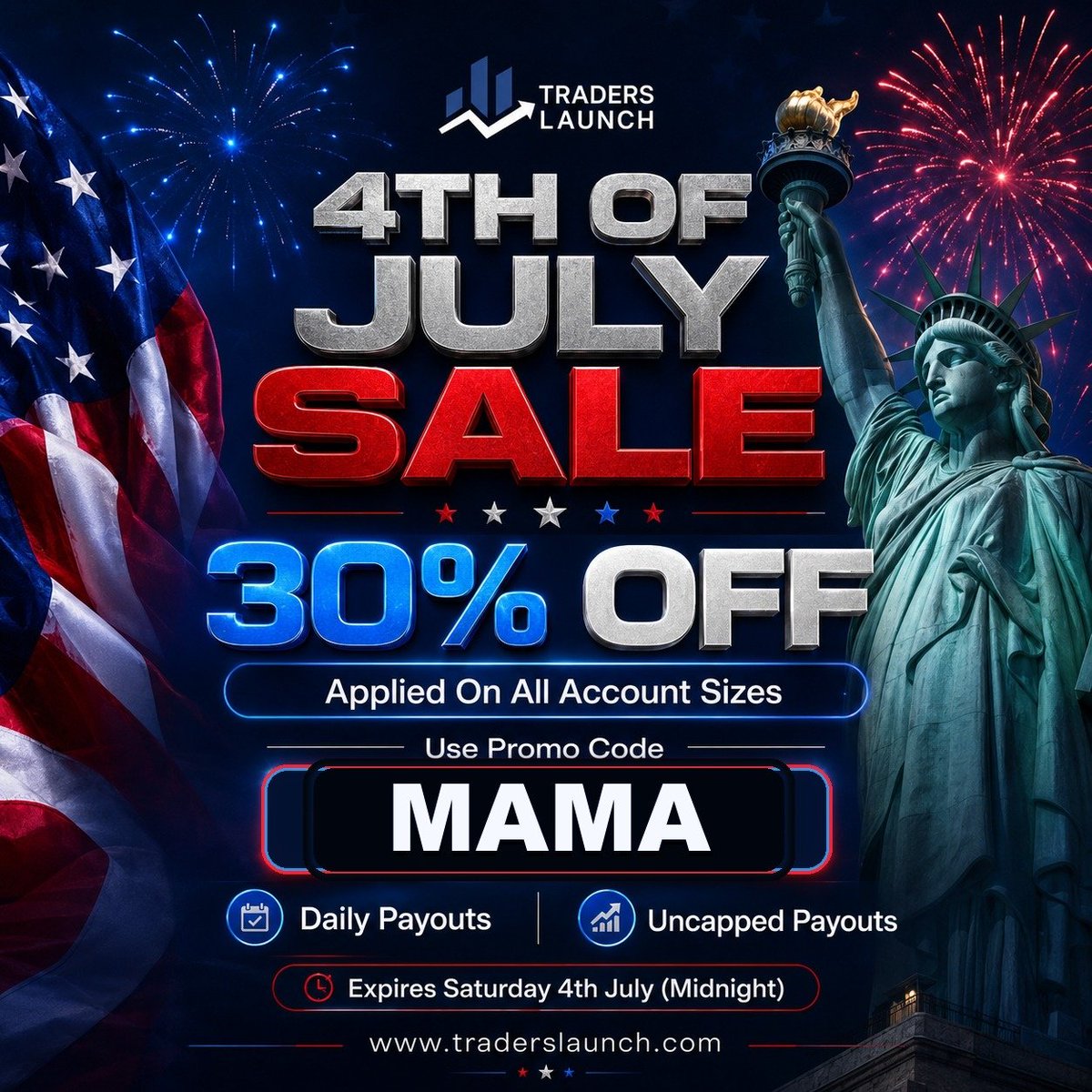Mama__Wick's tweet photo. Happy 4th of July weekend to all my American homies!!!
Stock up on accounts with @TradersLaunch and USE CODE MAMA FOR 30% OFF ALL ACCOUNTS.
#UNCAPPEDPAYOUTS #DAILYPAYOUTS https://t.co/vlzjoWaYi5