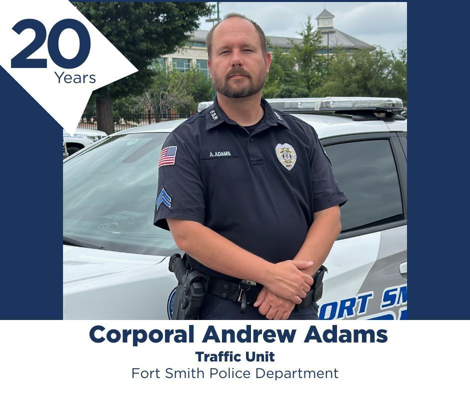 FtSmithARK's tweet photo. Employee Spotlight 🔦 Corporal Andrew Adams
Traffic Unit, Police Department | 20 Years of Service

Thank you, Corporal Andrew Adams, for 20 years of dedicated service and for the professionalism and compassion you bring to the Fort Smith community. https://t.co/KfDF0w0UdJ