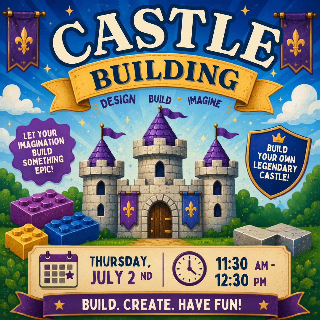 carsoncitylib's tweet photo. 🏰 Ready to rule your own kingdom? Join us for Castle Building and let your imagination soar! Build, create, and have a blast with friends. See you Thursday, July 2nd from 11:30 AM to 12:30 PM! 👑✨ #CarsonCityLibrary #CastleBuilding #FunForAll https://t.co/rhT8NPsh6Z