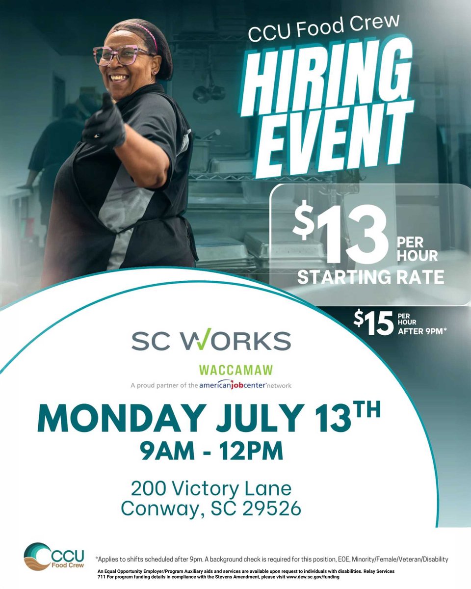 scworkswioa's tweet photo. Looking for your next opportunity? CCU Food Crew is hiring! Stop by the hiring event on Monday, July 13, from 9 AM to 12 PM at SC Works Conway and learn about available positions. #NowHiring #HiringEvent #JobFair #ConwaySC #scworkswaccamaw #scworkswrcog #scworkswioa #scworks https://t.co/0GPC0wI0oH