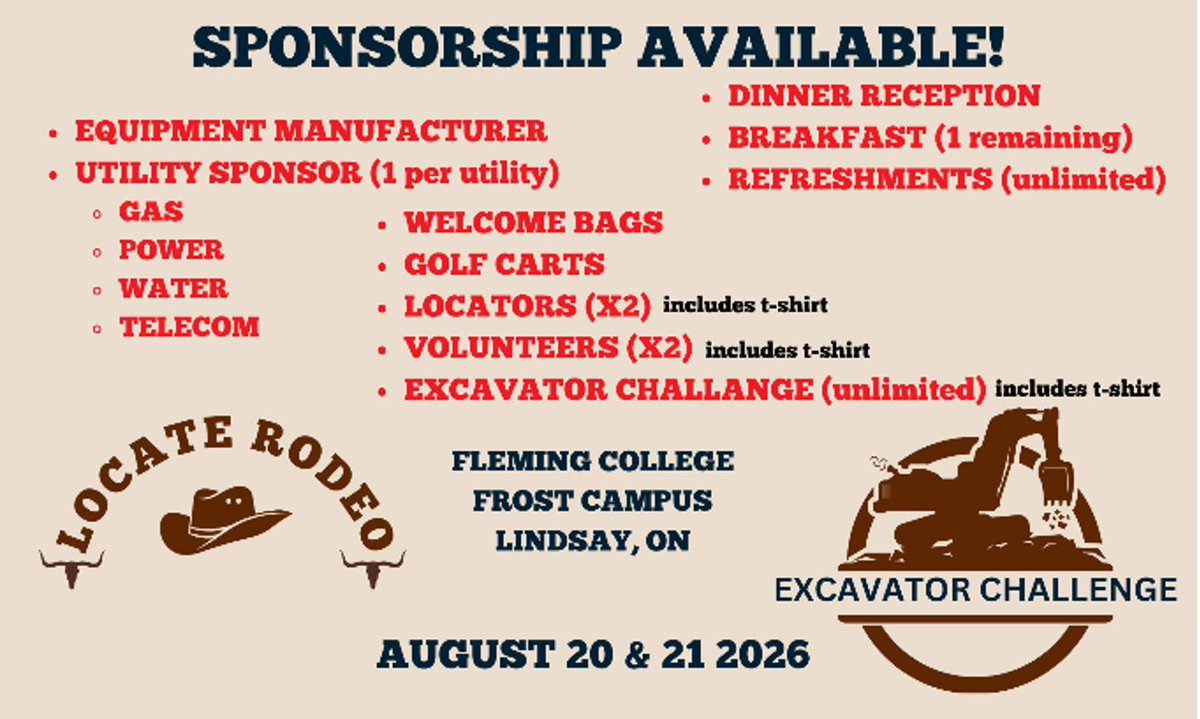 DigSafeOntario's tweet photo. Sponsorship is a great way to support our upcoming Locate Rodeo &amp; Excavator Challenge! With sponsorship opportunities for every budget, there's a way for everyone to get involved.

This event wouldn't be possible without the support of our sponsors.

https://t.co/8zySTU1Zw3 https://t.co/Ff8h45uTwy