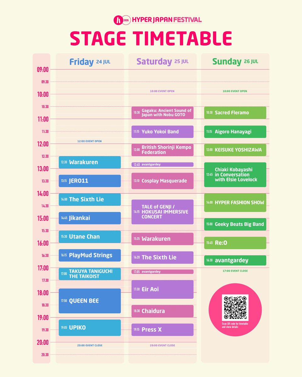 HYPERJAPANevent's tweet photo. The HYPER JAPAN Festival 2026 stage timetable is OUT NOW! 🎤 Who are you most excited to see?
📅 24-26 July
📍 Olympia London
🎟️ Get tickets: https://t.co/pBqrVHErXp
Go to our website for full performer info!
*Timetable and performers subject to change. https://t.co/4VixmVuYtM