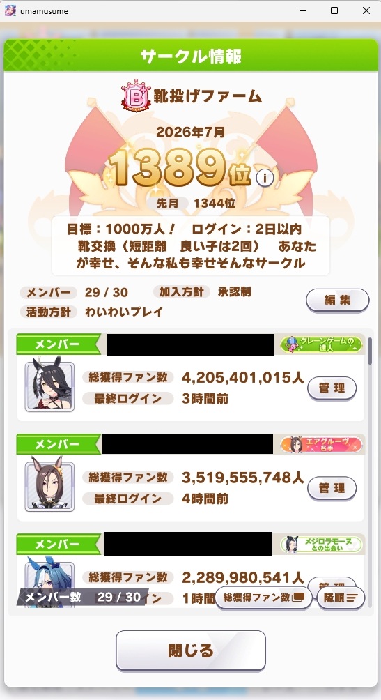 Sakuya_Louise's tweet photo. @umA_R5Asl はじめまして！
1000万人以上(1日1育成程度)獲得する方を募集しております。
B+ランク安定維持のんびり雰囲気なサークルです。
あと一歩でAランクです。
名前の通り靴投げ盛んです。
一緒に遊びませんか。 https://t.co/VPvWbARVz8