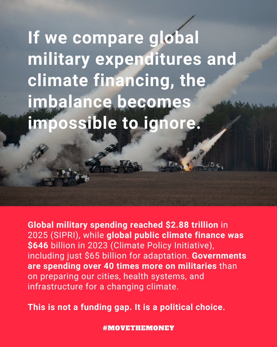WILPF's tweet photo. Europe had its hottest spring ever recorded and just went through a second brutal heat wave. Governments need to invest in systems that protect people, rather than the ones that are destroying it.

Swipe to see the gap between what’s spent on militaries and what’s invested in climate mitigation.

It’s time to #MoveTheMoney from war to climate justice.

#FeministPeace #ClimateJustice #MilitarySpending #Heatwave #WILPF

Sources: SIPRI Trends in World Military Expenditure (2026); Climate Policy Initiative, Global Landscape of Climate Finance 2025; WHO Regional Office for Europe;; ICJ Advisory Opinion (2025)