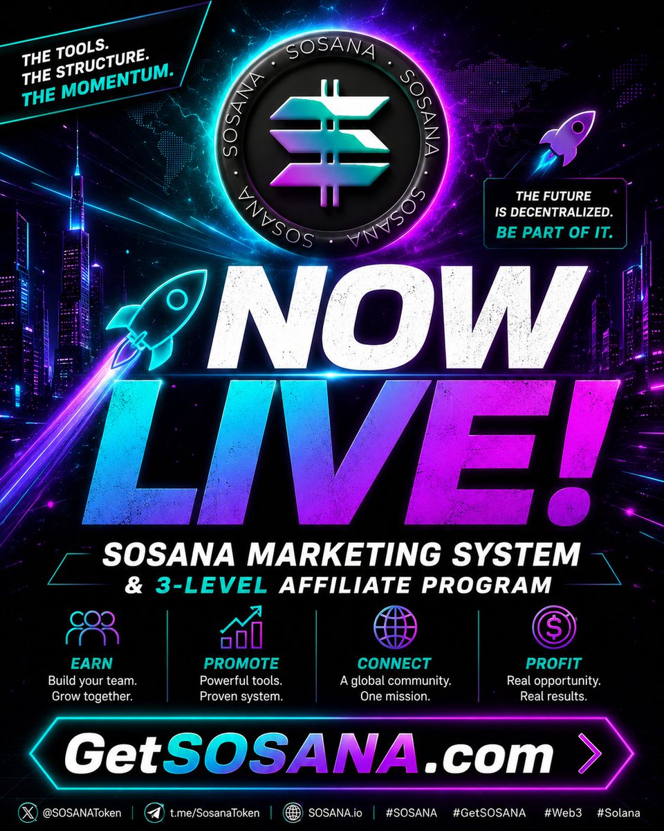 SosanaToken's tweet photo. 🚀 The SOSANA Marketing System is officially LIVE!

The SOSANA Marketing System and 3-Level Affiliate Program are now live at https://t.co/EOYvZZ3XGt.

Members can now start sharing SOSANA, building their teams, and participating in a real marketing system designed to help grow the ecosystem.

The tools are live.
The structure is live.
The momentum is building.

👉 Visit https://t.co/EOYvZZ3XGt

#SOSANA #GetSOSANA #AffiliateMarketing #Crypto #Web3 #Solana #CryptoCommunity