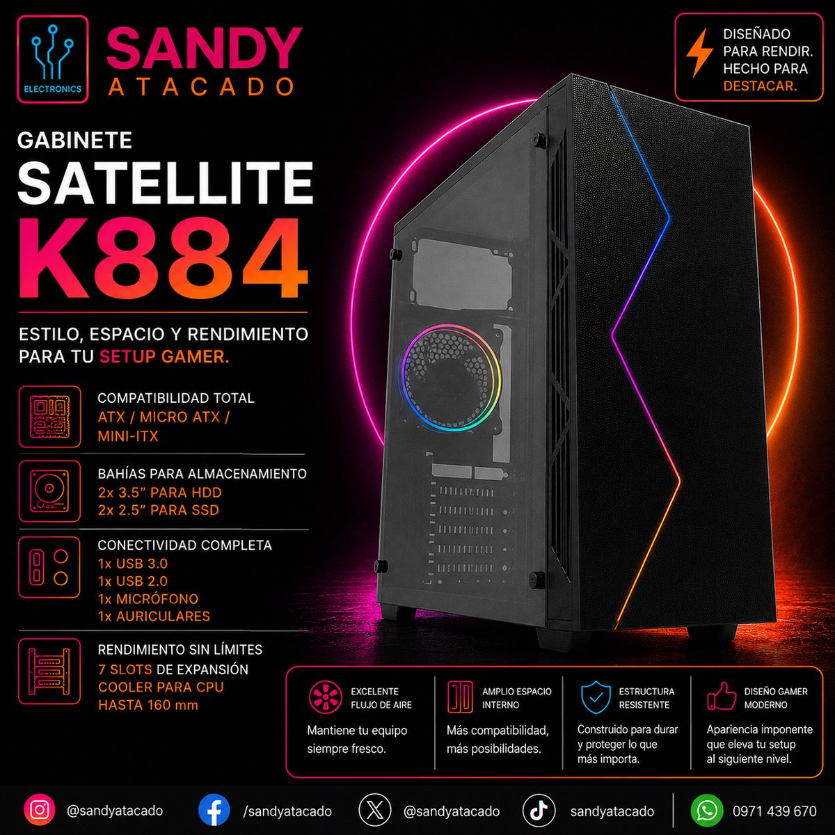 SandyAtacado's tweet photo. 🔥 ¡EL SETUP QUE IMAGINÁS EMPIEZA AQUÍ!

El Gabinete Satellite K884 combina diseño moderno, excelente espacio interno y la compatibilidad que necesitás para armar una PC a tu medida.

🖥️ Compatible con ATX, Micro ATX y Mini-ITX
💾 Espacio para HDD y SSD https://t.co/dz23IRkJ5j