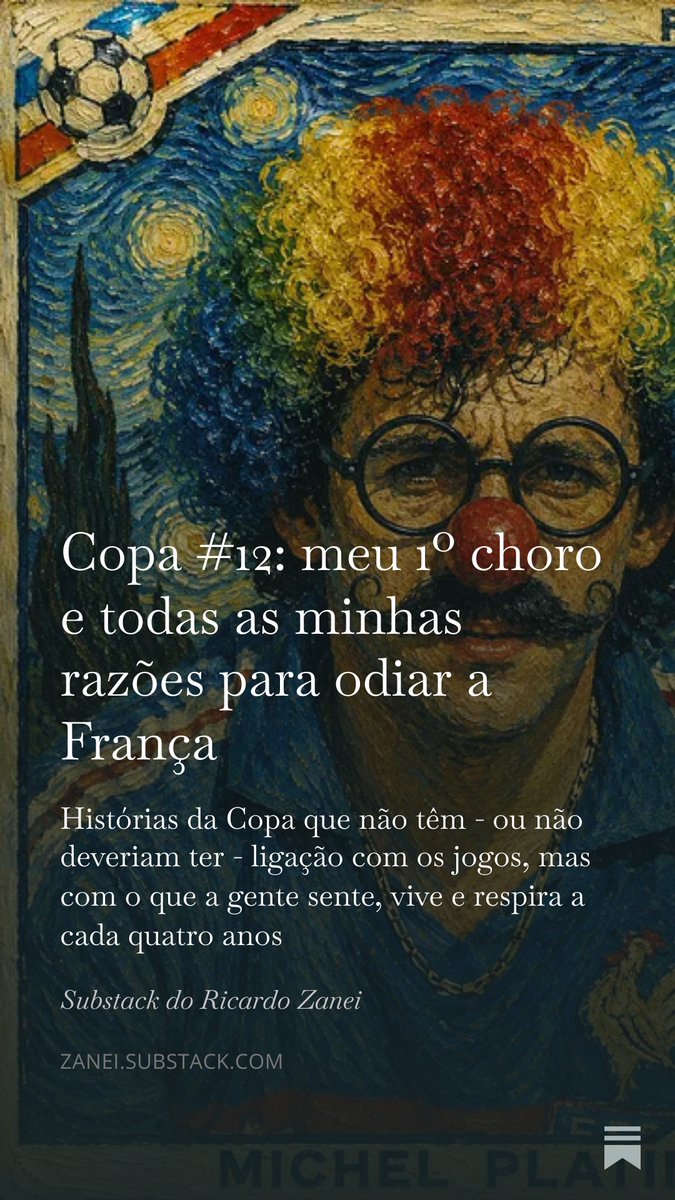 Zanei's tweet photo. A França foi a primeira seleção que me fez chorar, em 1986. Platini, canalha.

Deve ser culpa minha essas gerações todas. Convivo com isso.

O primeiro choro em Copas a gente nunca esquece...

#substack #copadomundo #brasil #frança #choro

https://t.co/aWevDN6jsl https://t.co/2ZwMuOr3eD