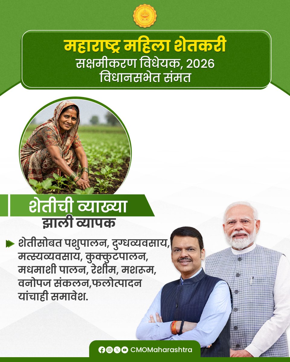 CMOMaharashtra's tweet photo. महिला शेतकरी सक्षमीकरणाच्या दिशेने ऐतिहासिक पाऊल

महाराष्ट्र महिला शेतकरी सक्षमीकरण विधेयक, 2026 विधानसभेत संमत
प्रत्येक महिला शेतकऱ्याला सन्मानाची ओळख आणि समान संधी.

#महिला_शेतकरी_सक्षमीकरण #MahilaShetkariSakshamikaran
