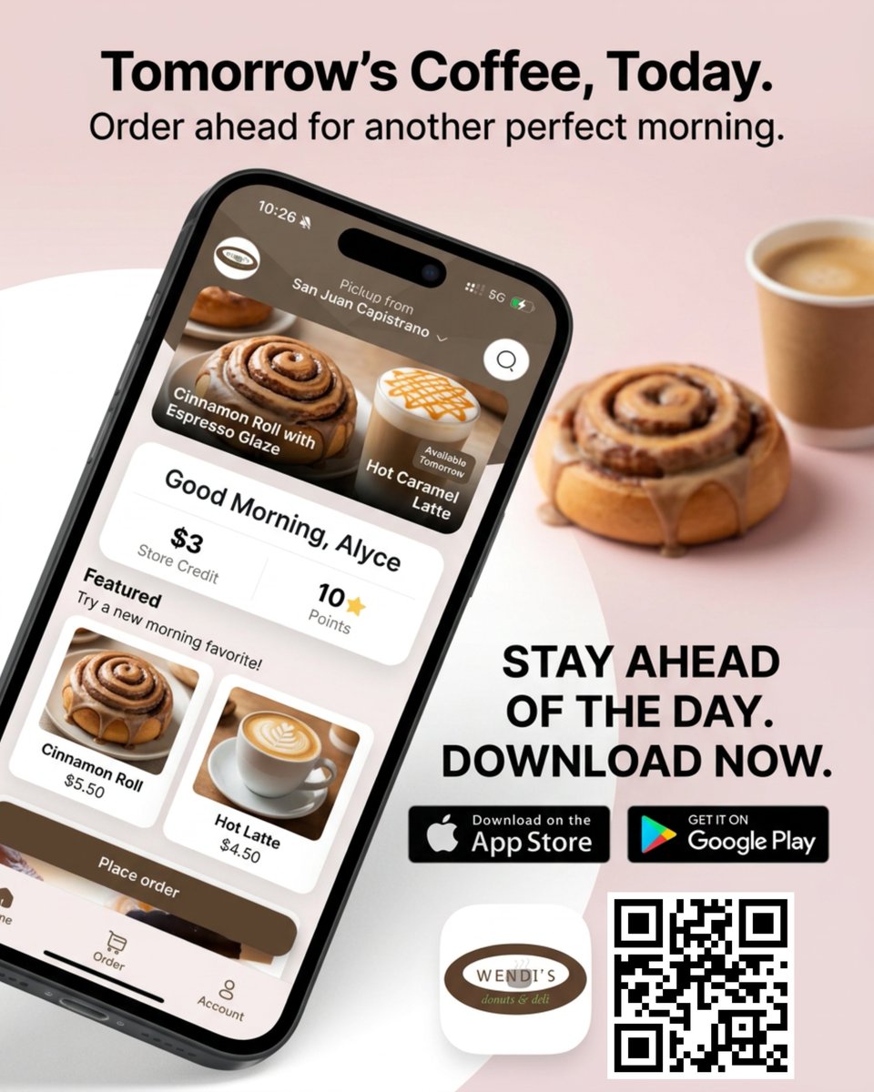 wendis_donuts's tweet photo. San Juan Capistrano, your dream morning is just a tap away.

Skip the line and secure your perfect cinnamon roll and latte.

No wait. Just joy. Be the master of your routine. Scan the QR code to start pre-ordering.

#SJC #WendisDeli #OrderAhead #CoffeeJoy #FuturePerfect https://t.co/5mdcYUmksa