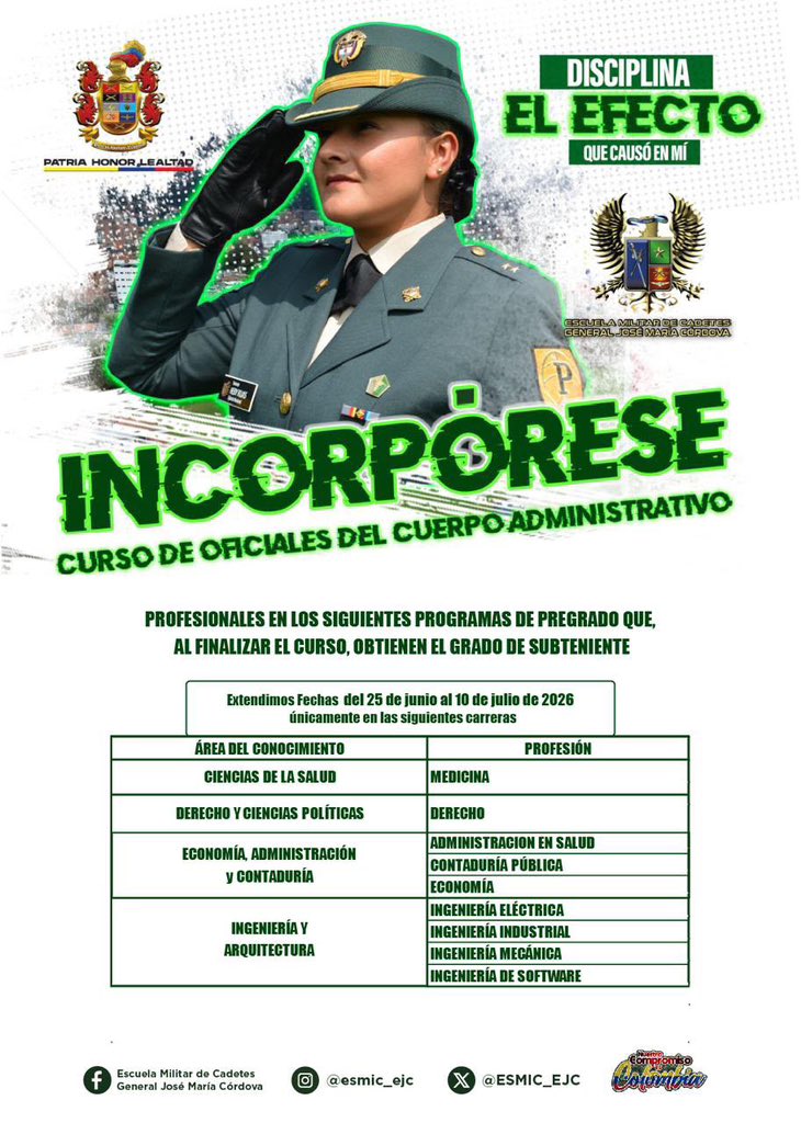 COL_EJERCITO's tweet photo. ✅Derecho 
✅Administración en Salud 
✅Contaduría Pública 
✅Economía 
✅Ingeniería Eléctrica
✅Ingeniería Industrial 
✅Ingeniería Mecánica 
✅Ingeniería de Software

#IncorpóreseAlEjército como oficial del Cuerpo Administrativo.

@ESMIC_EJC https://t.co/ASDHGfC67x