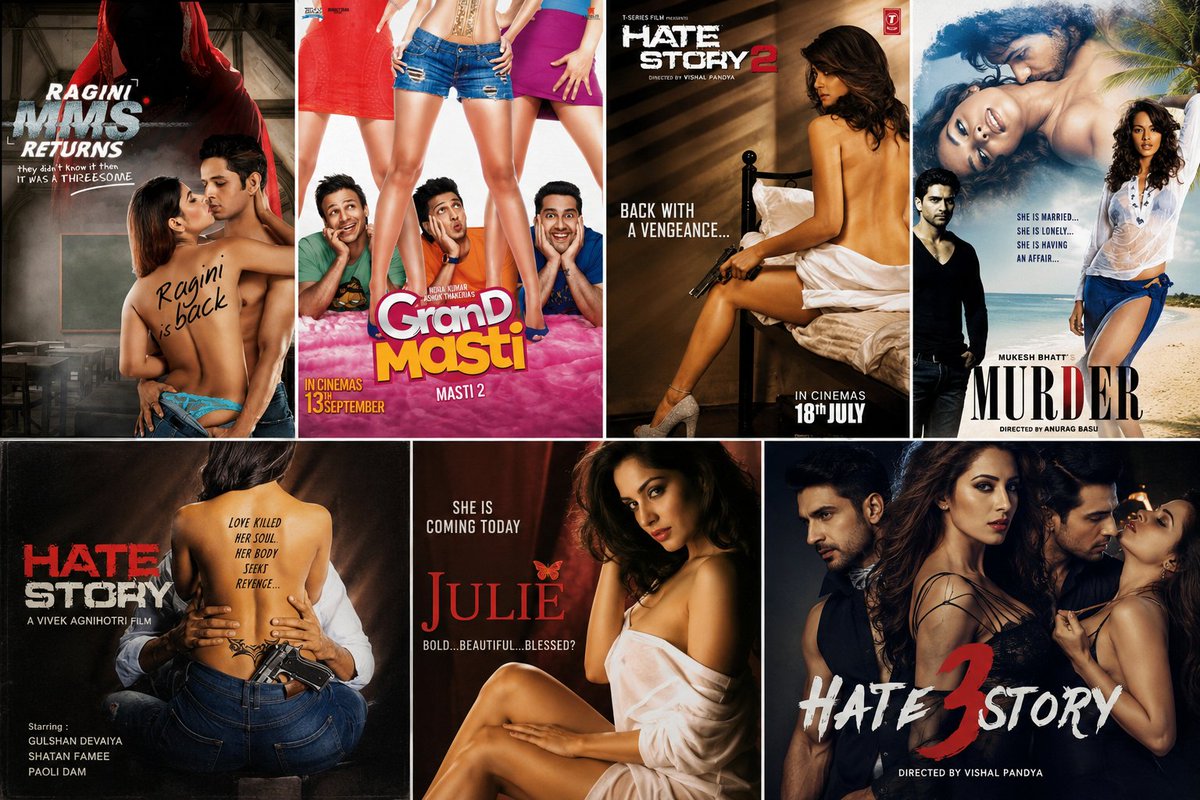 NischithL68838's tweet photo. Bollywood worships women, apparently. 
Grand Masti – 4 parts
Murder – 3 parts
Hate Story – 4 parts
Jism – 2 parts
Ragini MMS – 2 parts
The same industry that built successful franchises by objectifying women is now lecturing South Indian cinema. Irony died a slow death. https://t.co/s8sgMqw62Z