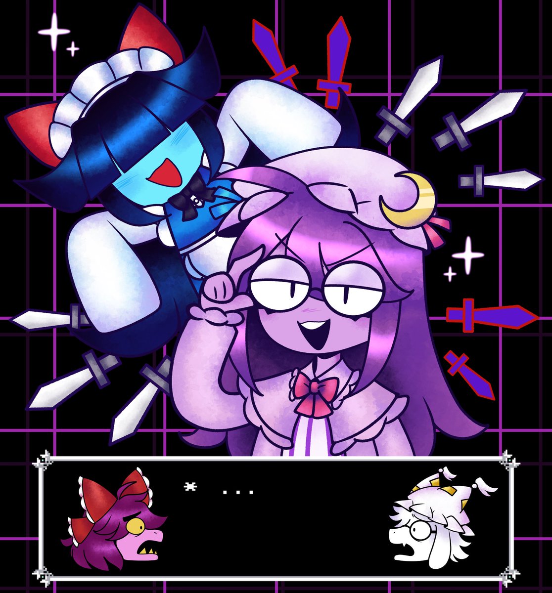 Divah0lic's tweet photo. Sakuyaqua?! Setchouli?!
Chapter 5 is a Touhou Hijack. ✨
#Touhou #東方Project #Deltarune https://t.co/Qs2Qo47VOL
