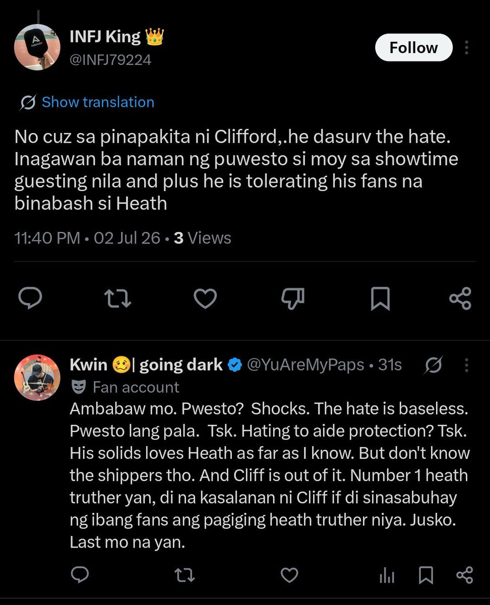 YuAreMyPaps's tweet photo. ATTENTION! FYI
THAT INFJ KING ACCOUNT with lots of explicit posts is ragebaiting the CF fandom in form of protecting Heath. 
Just so you guys know, especially from the other side of the ship, he is not a Moyers. No Moyers that's ffollowing him, hence shows that account's 0 followers. He exist to ragebait and start a fire. 

No engagement needed in this post nor in his. Just pure awareness. Iba na panahon, need mag fact check. 🫡