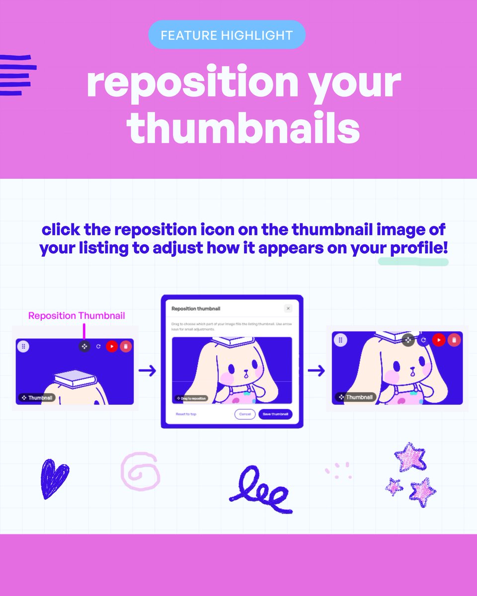commissions_gg's tweet photo. Feature Highlight 🐰✨ Show off your art exactly how you want it to shine: reposition your listing thumbnails with a simple drag. Head over to your listing details, and click the "Reposition" icon to start! https://t.co/LWtvAvZc3f