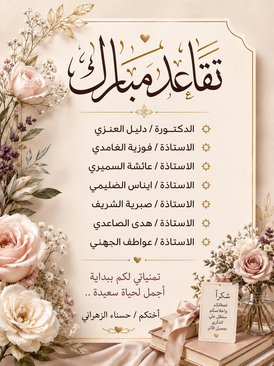 AlHasna5's tweet photo. اثنا عشر عاماً مضت بين صديقاتٍ كانت مليئة بالعطاء والمواقف الجميلة التي ستبقى في الذاكرة.تعلمت منكن الخبرة، والحكمة، والإخلاص
ومع بداية مرحلة جديدة من حياتكن،أسأل الله أن يجعل أيامكن القادمة أجمل وأن يبارك لكن في صحتكن🎀
ستبقين دائماً جزءاً من أجمل سنوات العمر🤍🌸#تقاعد_مبارك https://t.co/FcnkLFEB2Q