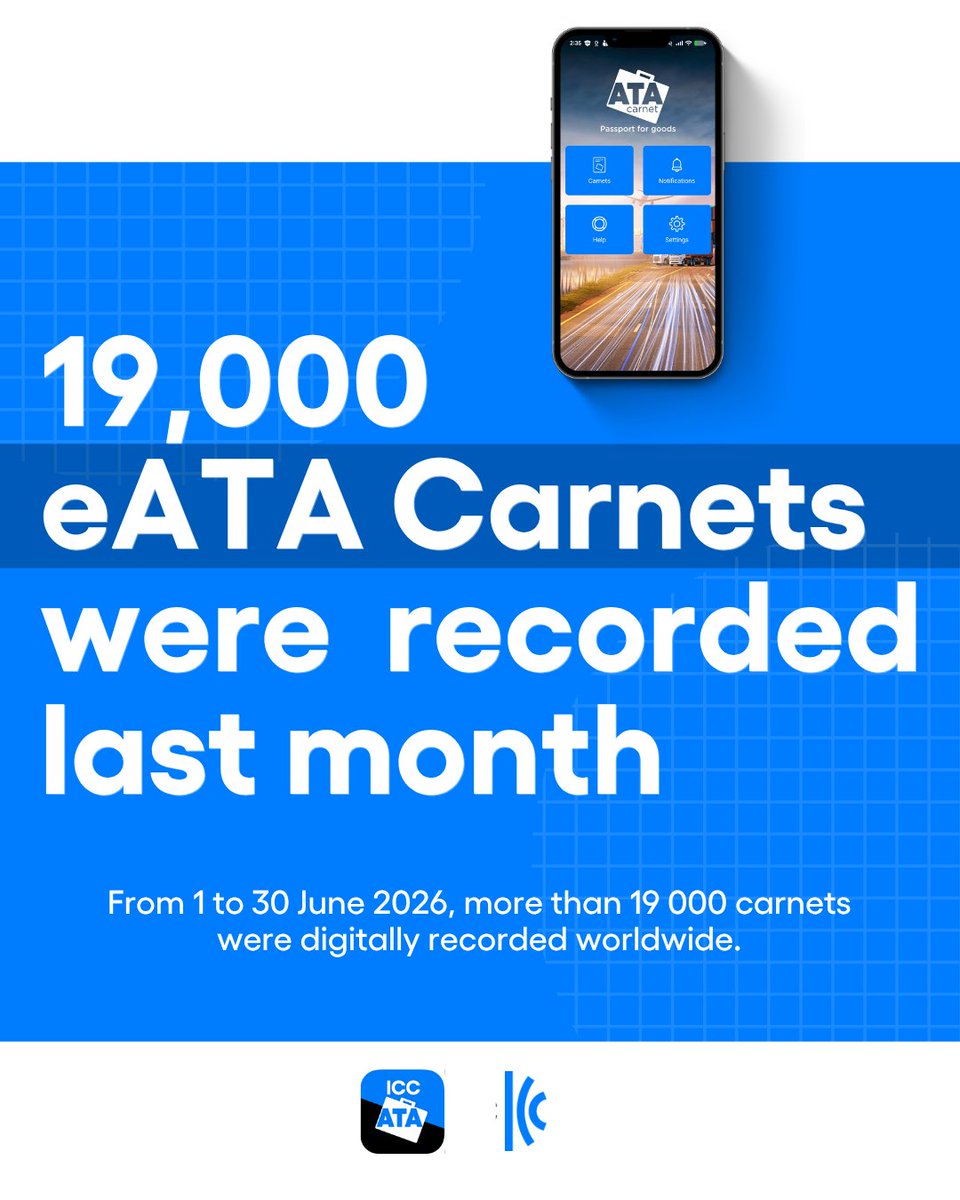 iccwbo's tweet photo. This is only the beginning.

Just one month after the launch of the #eATA Carnet, nearly 24 000 border transactions have been completed with digital carnets, marking a major milestone in the digitalisation of global trade.

More here: https://t.co/A2m05vuBK4 https://t.co/afAwVyzFj1
