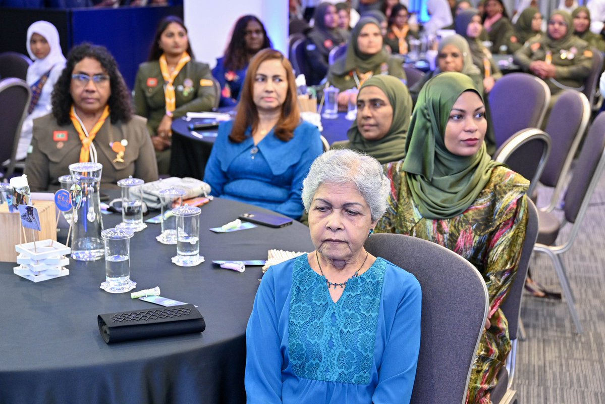presidencymv's tweet photo. President Dr @MMuizzu and First Lady @sajidhaamohamed join Girl Guides from across the Maldives to commemorate the National Girl Guide Day. 

The event highlights the values of leadership, service, and community that continue to inspire generations of young women. https://t.co/XulEtxSG5M