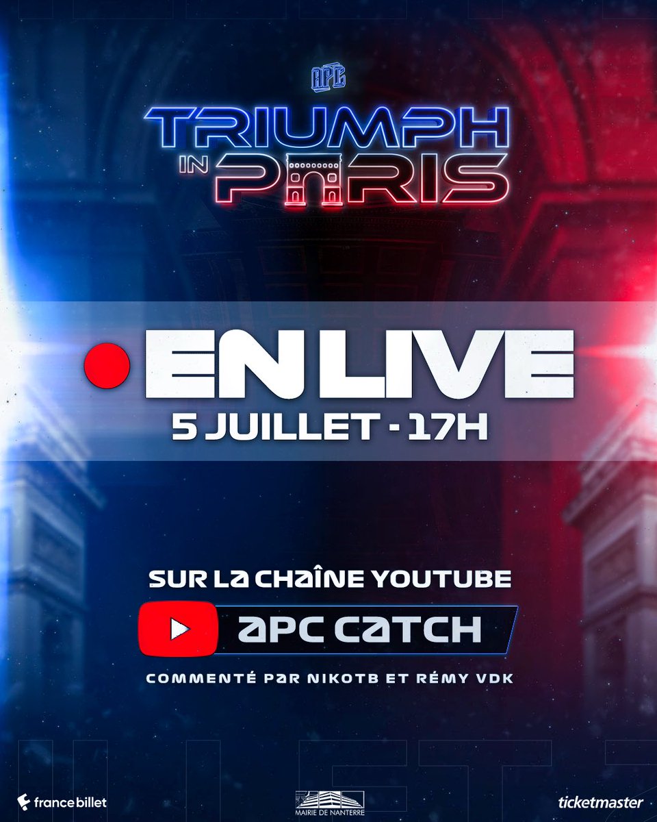 APCcatch's tweet photo. 🗼TRIUMPH IN PARIS 🗼
📅 5 juillet 2026 — 17h
📍 Palais des sports de Nanterre | 136, avenue Frédéric et Irène Joliot Curie 92000 Nanterre
🎟️ https://t.co/qWfQRvNF9o
 
🔴 TRIUMPH IN PARIS EN DIRECT 🔴

Vivez gratuitement le plus grand show de catch de l’année, où que vous soyez, ce dimanche à partir de 17 h, en direct sur la chaîne YouTube de l’APC !

🔗 https://t.co/Gm0r3hMPOg

🎙️ Commentaires : @remy_vdk & @NikoTB_ 
🎬 Réalisation : @Air_Deux 

🎟️ Réservez vos places dès maintenant, à partir de 15 € !