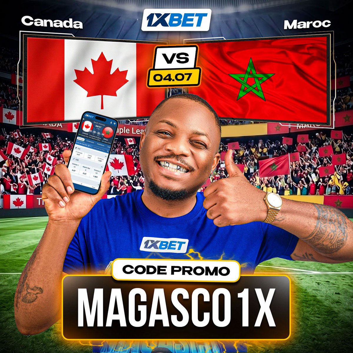 Magascobboy's tweet photo. A match that could send one of these teams to the semifinals. ⚽️🔥
🇲🇦 Morocco, after knocking out one of the tournament’s biggest favorites, takes on 🇨🇦 Canada in a must-watch clash.

Join me on 1xBet and get a bonus on your first deposit using my promo code: MAGASCO1X https://t.co/Q30UUJnMUY