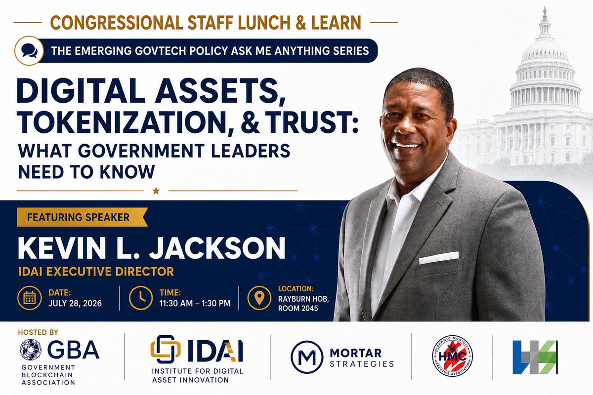 IDAI_Global's tweet photo. 🔍Curious about how government agencies can evaluate blockchain solutions with confidence? 

Join @Kevin_Jackson, Executive Director of the Institute for Digital Asset Innovation (@IDAI_Global), at the Emerging GovTech Policy “Ask Me Anything” Series on July 28! Gain practical knowledge and learn how trusted digital asset strategies can support stronger public services and accountability.

🎟️ Digital Assets, Tokenization & Trust: What Government Leaders Need to Know 

🗓️ July 28, 2026 
📍 Rayburn HOB | Room 2045 | Washington, DC 
🕧 11:30 AM - 1:30 PM 

Hosted by the Government Blockchain Association (GBA)—empowering leaders through blockchain education and collaboration. 

👉 Secure your spot now: https://t.co/OBKGBwayUU

#IDAI #GBA
