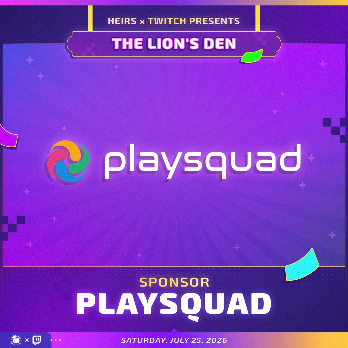 HeirsMGMT's tweet photo. Playsquad is joining us in #TheLionsDen! 🦁

We’re excited to have @Playsquad_offl as a sponsor for this year’s Heirs OffKai industry mixer!

Here’s to bringing more fun chaos for VTuber communities and bringing gaps together! 💜

📅 Saturday, July 25, 2026
⏰ 4:00 PM to 8:00 PM
📍 Location TBA