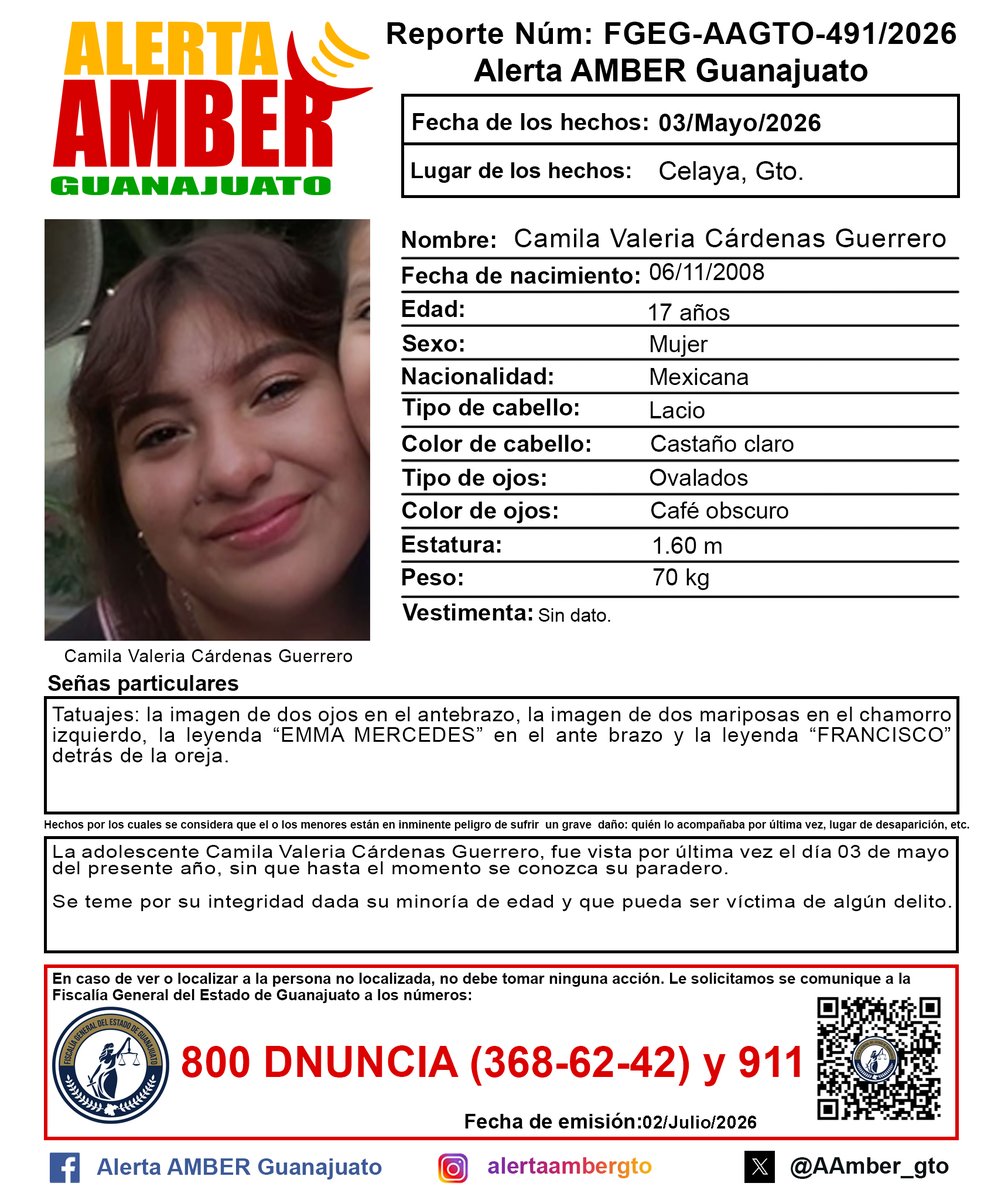 AAMBER_gto's tweet photo. Activación de la Alerta AMBER Guanajuato de la adolescente Camila Valeria Cárdenas Guerrero de 17 años, Celaya, Gto. ¡Ayúdanos a localizarla! https://t.co/vQe1xUkeXM
