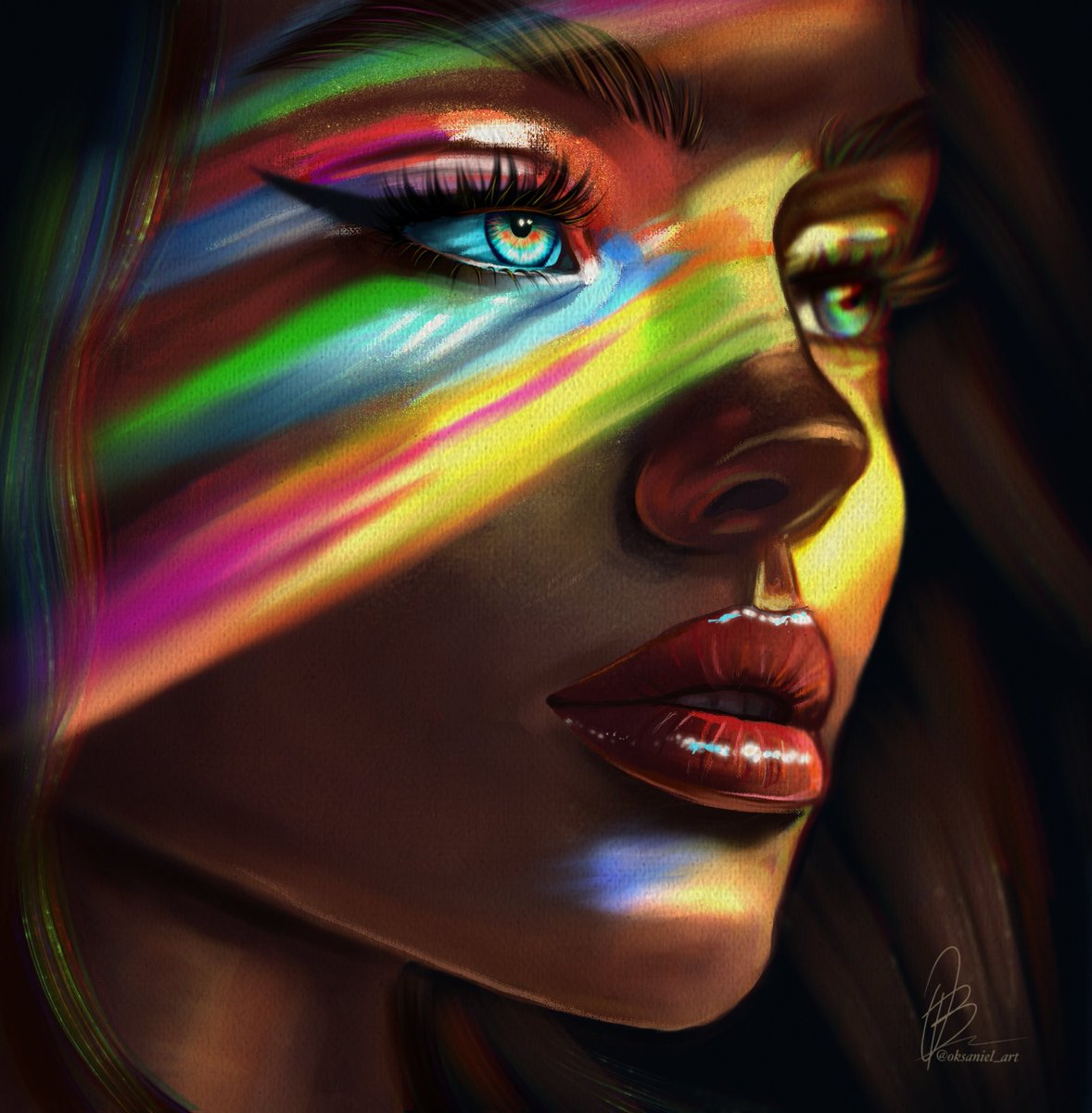 Oksaniel's tweet photo. Stepping into the light. ✨ Experimenting with rainbow lighting and detailed rendering. Painted entirely in Procreate! What do you think of this color combination? Let me know down below! 👇 #ArtCommunity #procreate #DigitalPortrait https://t.co/wibhAZAhTK