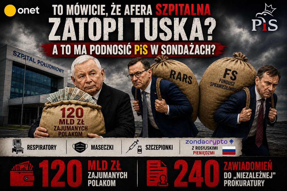 PaniNaSzpilkach's tweet photo. To mówicie, @Onet, że afera Szpitala Południowego zatopi Tuska?
A 120 miliardów zajumanych Polakom, 
240 zawiadomień do „niezależnej prokuratury” Korneluka i 
Afera Zonda Crypto z rosyjskimi pieniędzmi dają PiS wzrost w sondażach?

To mówicie, że trzeba KRAŚĆ⁉️

Idę się napić 🥂🍾

#ZondaCrypto #AferyPiS #120Mld #ŁajdactwoCzyPatologia #HipokryzjaMedialna #KAS 
#Korneluk
#Onet