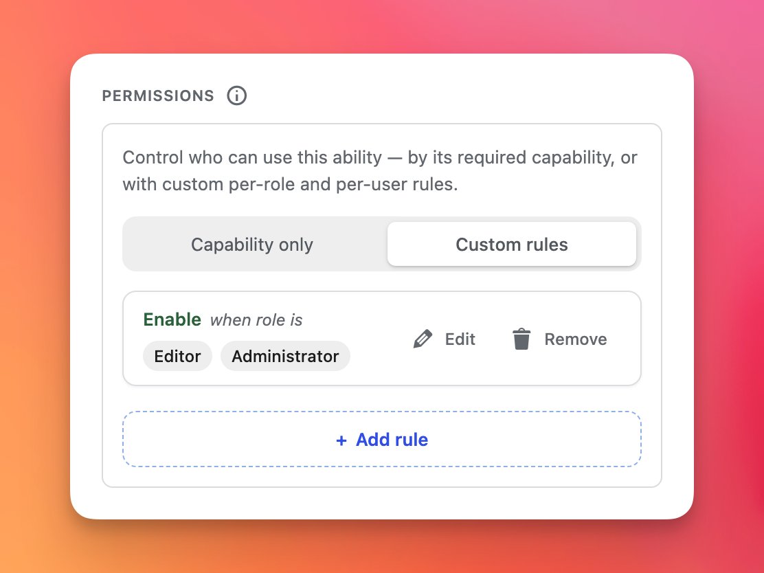 mark_jansen's tweet photo. This is coming along very nicely. Custom gated permissions for your #abilities. Fine-grained control over who can do what on your website with the #WordPress #MCP.

What are your thoughts on this?

Soon available in @albertwp_'s premium service. https://t.co/C4Mbff7mDC