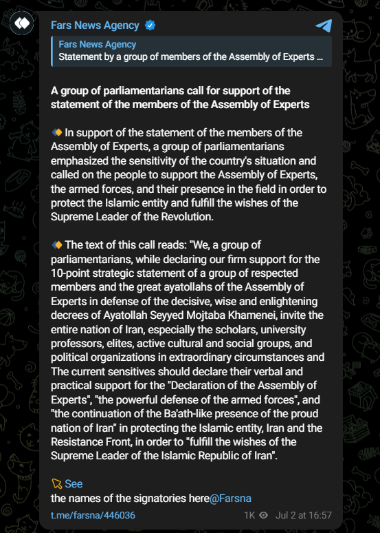 LiveSquawk's tweet photo. Iran Lawmakers Back Assembly Of Experts' 10-Point Statement – Fars News
https://t.co/d40j2csbnt https://t.co/tYjkfaBqAJ