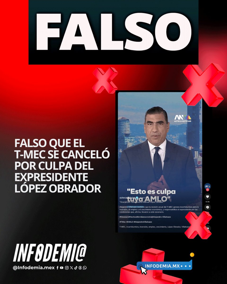 infodemiaMex's tweet photo. ❌Falso que el T-MEC se canceló por culpa del expresidente López Obrador

✅El Tratado entre México, Estados Unidos y Canadá (T-MEC) no se canceló; este acuerdo comercial continúa vigente y operando.
En la Mañanera del Pueblo del 2 de julio, el secretario de Economía, Marcelo Ebrard, aclaró que la reunión que sostuvo con representantes comerciales de Canadá y Estados Unidos se realizó para extender el Tratado, no para revisar la vigencia del mismo. El Gobierno de Estados Unidos expresó su desacuerdo con la extensión del tratado, pero su vigencia se mantiene hasta 2036 con una revisión anual.

✅La presidenta Claudia Sheinbaum explicó que la decisión de no renovar el TMEC por parte de Estados Unidos tiene que ver con con una visión de “mayor proteccionismo de la economía estadounidense y “no tiene nada que ver con otros temas”

▶️https://t.co/cf9bRqY2aM