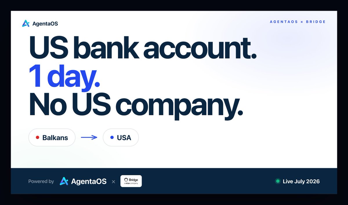 agentaOS's tweet photo. Imagine you are a freelancer / agency from the Balkans and can get a USA bank account in 1 day for your clients to send wire transfers.

And you won't need to open a company & bank account in USA.

Yes, this is now possible with AgentaOS & Bridge partnership.
Stay tuned for our major announcement in July.