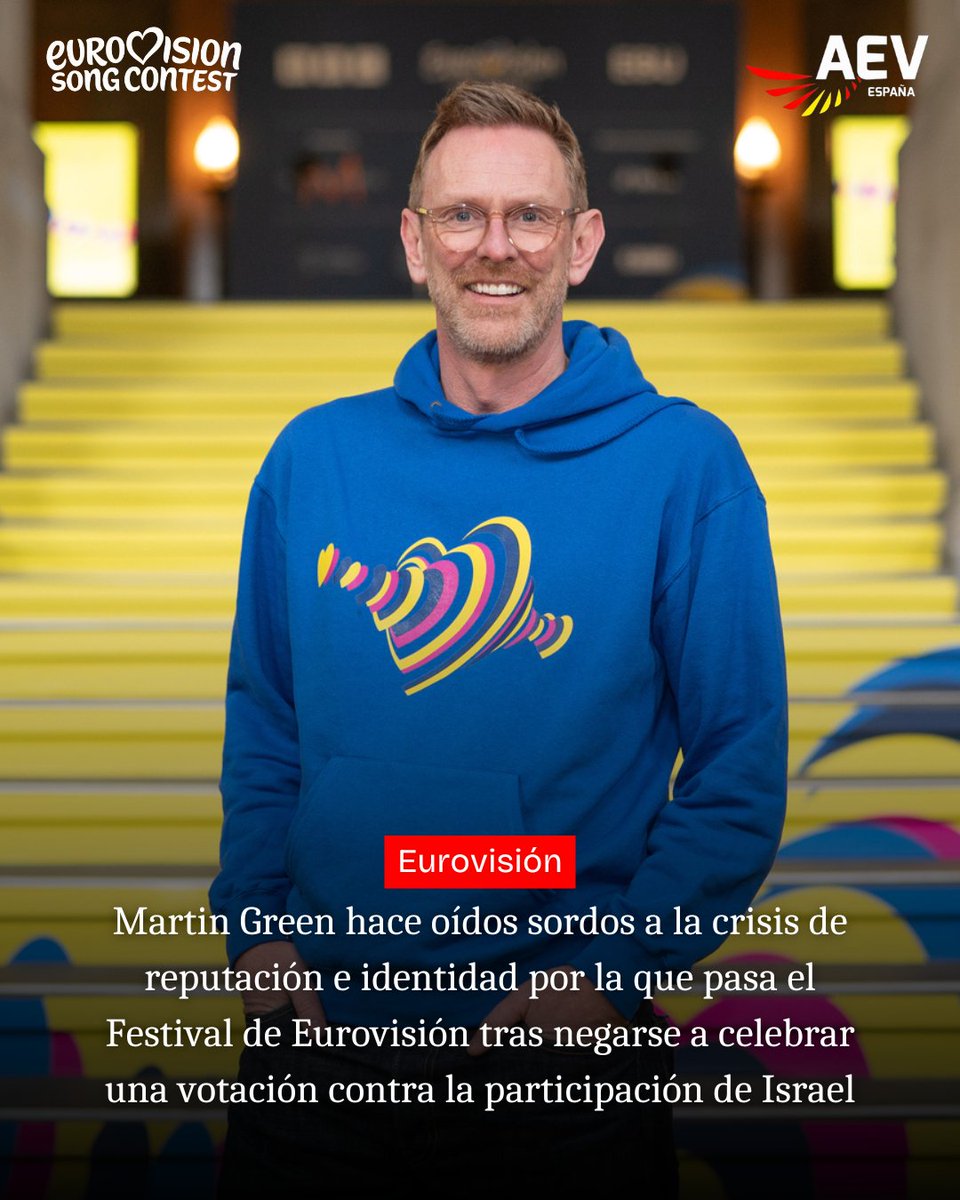 AEVeurovision's tweet photo. Martin Green hace oídos sordos a la crisis de reputación e identidad por la que pasa el Festival de Eurovisión tras negarse a celebrar una votación contra la participación de Israel #eurovision #martingreen #votacion @EBU_HQ https://t.co/YWCGfxg7yt