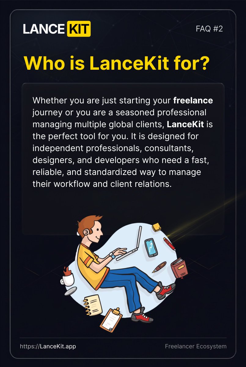 LanceKitApp's tweet photo. 𝗪𝗵𝗼 𝗶𝘀 𝗟𝗮𝗻𝗰𝗲𝗞𝗶𝘁 𝗳𝗼𝗿?

Whether you are just starting your #freelancer journey or you are a seasoned professional managing multiple global clients, #LanceKit is the perfect tool for you. https://t.co/PHhKrE8Pn7