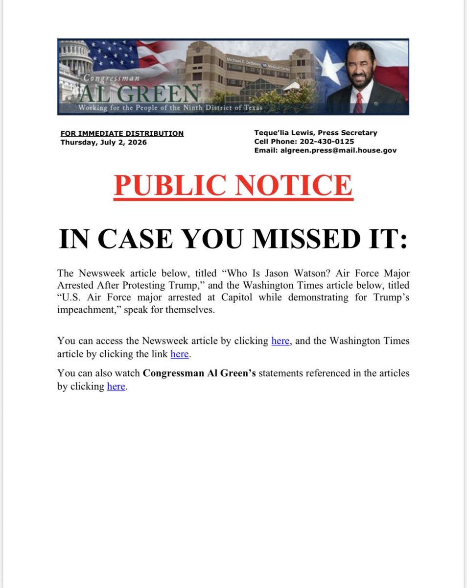 RepAlGreen's tweet photo. You can access the Newsweek article by clicking here: https://t.co/70qqnRGKTI

You can access the Washington Times
article by clicking the link here: https://t.co/tskNa6UokC https://t.co/QPD91L58ZF