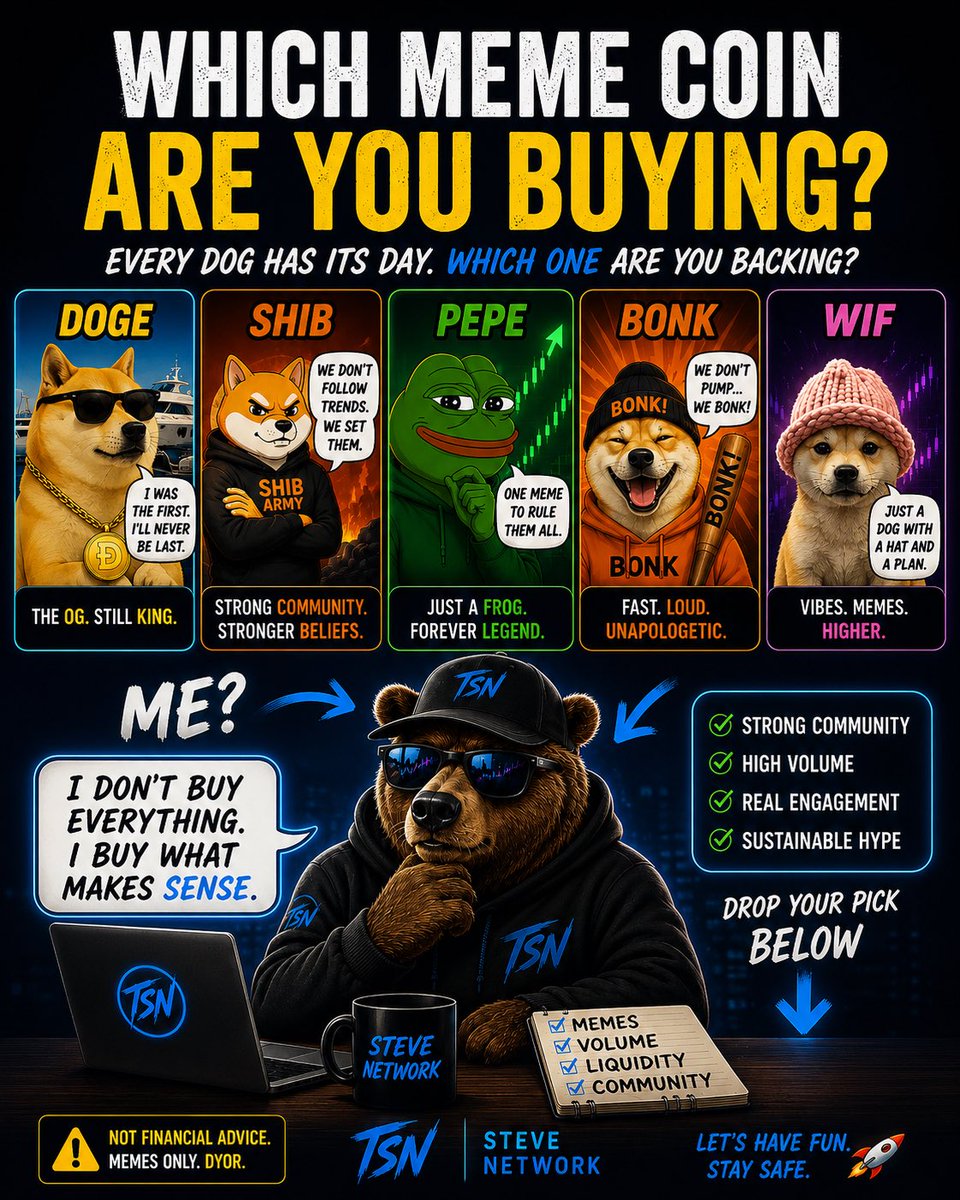 CrittersTM's tweet photo. The meme coin casino is open again. 🎰🐕🐸

DOGE walked in with sunglasses.
SHIB brought the army.
PEPE brought the chart.
BONK brought a bat.
WIF just showed up with a hat and confidence.

Who are you backing?

#MemeCoins #CryptoCommunity #SteveNetwork https://t.co/jATRKPhxh8
