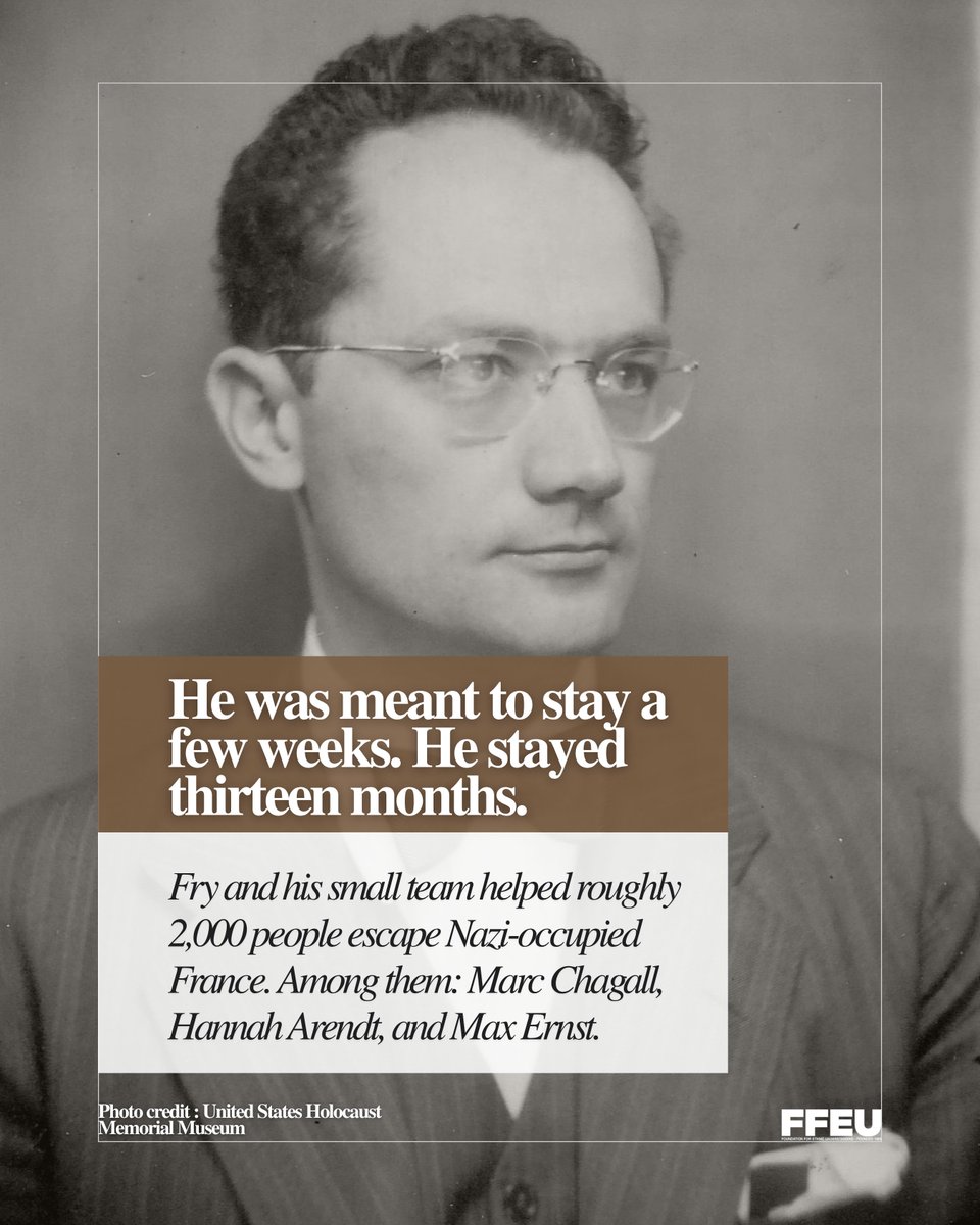 FFEUnyc's tweet photo. In 1940, a 32-year-old American editor flew to Nazi-occupied France with $3,000 strapped to his leg.

His name was Varian Fry. He stayed 13 months and helped roughly 2,000 people escape, including Marc Chagall, Hannah Arendt, and Max Ernst.

He worked illegally. France expelled him. He died largely forgotten in 1967.

He was the first American honored as Righteous Among the Nations.