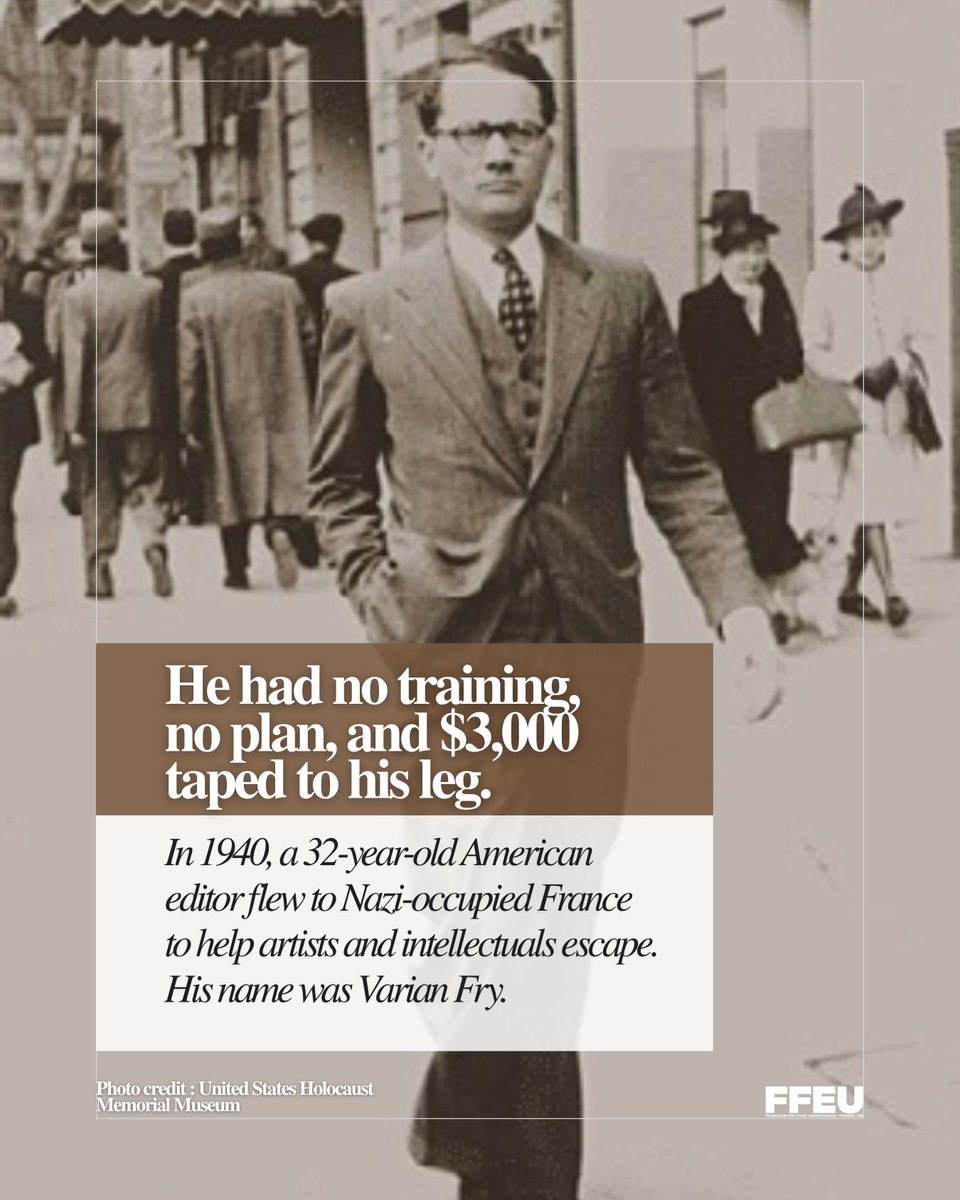 FFEUnyc's tweet photo. In 1940, a 32-year-old American editor flew to Nazi-occupied France with $3,000 strapped to his leg.

His name was Varian Fry. He stayed 13 months and helped roughly 2,000 people escape, including Marc Chagall, Hannah Arendt, and Max Ernst.

He worked illegally. France expelled him. He died largely forgotten in 1967.

He was the first American honored as Righteous Among the Nations.